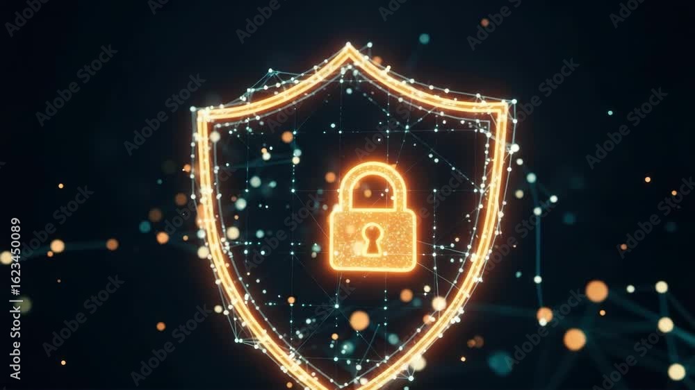 Poster a glowing shield symbolizing digital security with a padlock at its center surrounded by interconnec