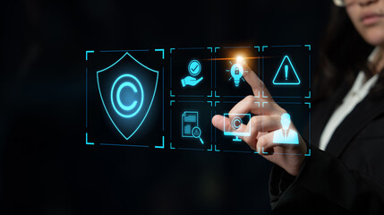 Digital copyright protection system showing secure ownership, intellectual property rights, content verification, and legal warning icons for creators and publishers Latch