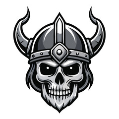Isolated skull in a horned helmet is showcased in monochrome artwork