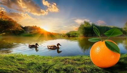 fresh orange with leaves on grassy bank near water with ducks