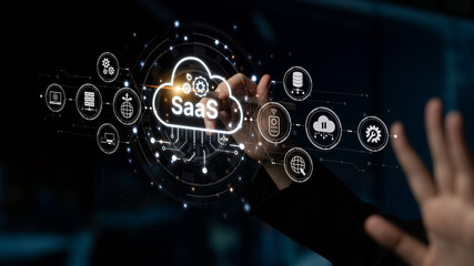 Visual representation of SaaS showing infrastructure, SaaS deployment, SaaS platform features, and SaaS integration model in digital environment. Spline