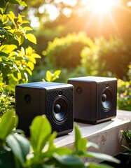 Outdoor speakers on a table