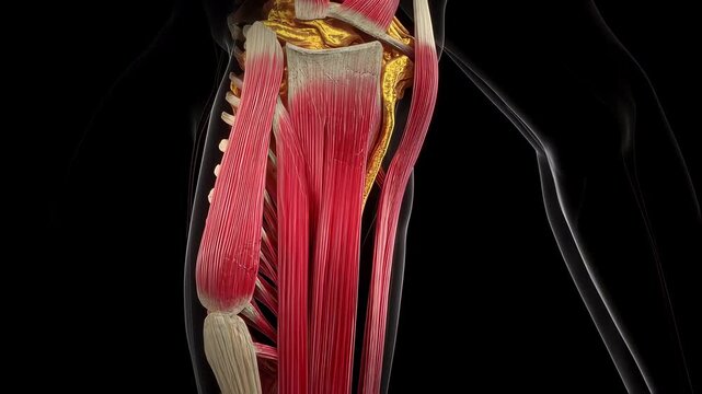 Animated crosssection of leg muscles and fascia featuring bright crimson IT band rubbing against lateral femoral epicondyle.