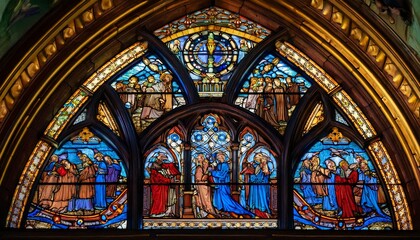 Fototapeta premium gothic style arched stained glass panel depicting a medieval scene with rich blues and golds the detailed figures are outlined in black leading creating a dramatic storytelling effect gothic