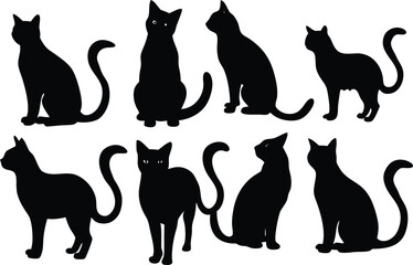 Collection of eight black cat silhouettes in various poses