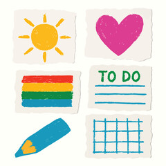 Colorful Hand-Drawn Doodles: Sun, Heart, Rainbow, To-Do List, and Grid on Torn Paper