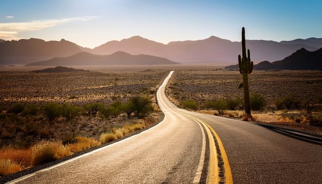 long winding road disappearing into bright desert landscape featuring solitary cactus on side