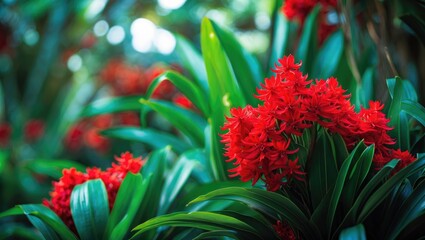 Bright red flowers with green leaves in a lush garden scene. Vibrant floral display in a natural setting. Colorful and lively plant arrangement.