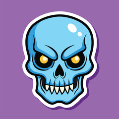 Fototapeta premium Golden eyes pierce from the light blue skull over a violet background with sinister intent