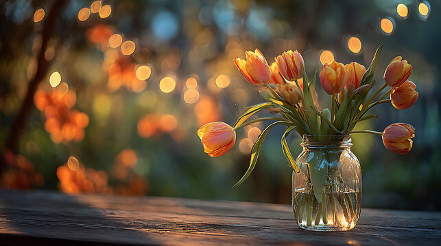 Orange tulips in glass jar with bokeh background flowers bouquet - Powered by Adobe