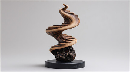 Organic wooden spiral staircase sculpture on textured stone base wood sculpture organic form