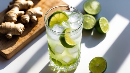 Fresh lime ginger lemonade with ice cubes, slices of lime, and ginger on a wooden board. Refreshing citrus and ginger beverage.
