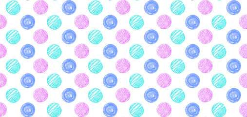 Polka dot quirky seamless pattern of squiggly circles in pastel pink, blue colors. Great for kindergarten blackboard themes, wax or charcoal style flower bedroom decorations. Vector illustration