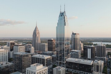 Aerial Nashville skyline sunrise, city buildings, river