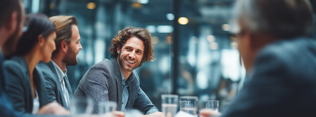A diverse group of business professionals sit together at a conference table, smiling and engaged in a meeting, creating a positive and collaborative atmosphere in a modern office setting.
