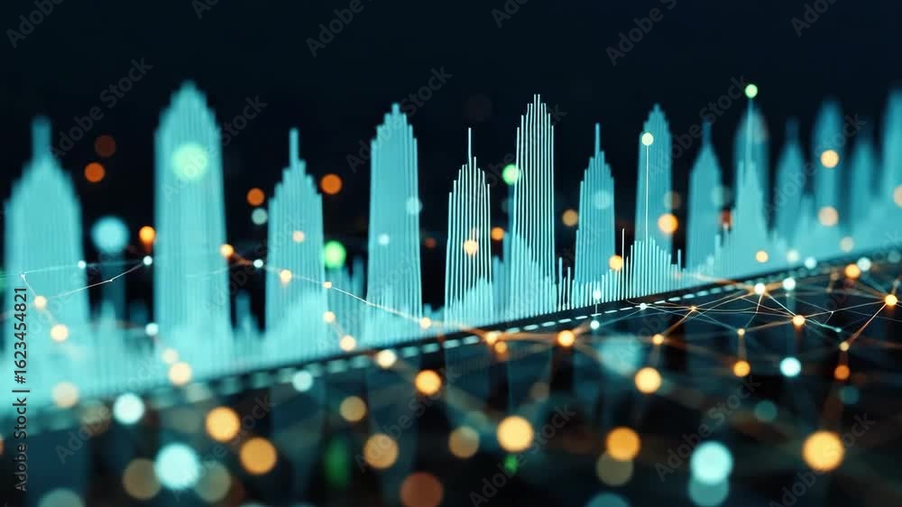 Poster a vibrant digital landscape showcasing a city skyline represented by glowing data points and lines s