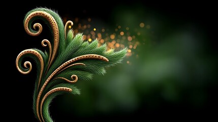 Intricate gold spirals over deep green velvet fabric, flowing into abstract regal flourishes with ambient lighting