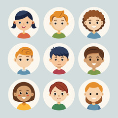 Fototapeta premium Diverse group of cartoon children portraits features various ethnicities and vibrant hair color in light blue background