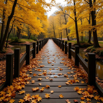 A picturesque wooden bridge covered in fallen leaves leads through an enchanting autumn forest creating a scenic fall landscape First Day of Fall