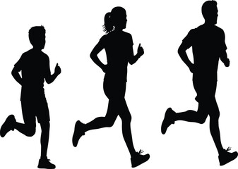 Silhouette trio of man, woman, and child running side by side—dynamic black vector icon for motion, family, and fitness themes