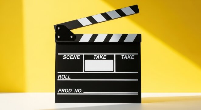 Black clapperboard on yellow background