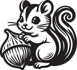 Adorable mouse holding nut in black and white illustration for children's book or logo design