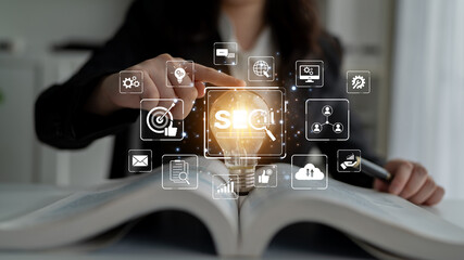 SEO concept for improving SEO visibility, with SEO related digital tools and SEO performance icons...