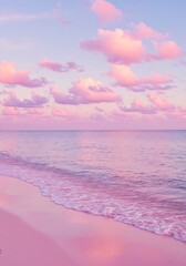 An idyllic beach scene at sunrise or sunset, with a sky full of pink clouds and calm ocean water