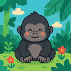 Adorable Cartoon Gorilla Vector Illustration in Jungle Setting