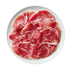 Thinly sliced raw pork on a white plate