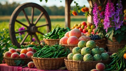 Colorful fruits and vegetables displayed at a market stall with a wooden wheel in the background, showcasing an outdoor produce stand.