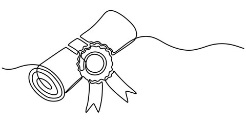 graduation certificate continuous one line drawing, Single Line Vector Illustration, Continuous single line drawn, certificate or diploma with award badge. 