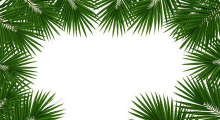 Vibrant green palm fronds forming a natural border around a central black space isolated on transparent background