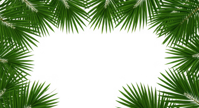 Vibrant green palm fronds forming a natural border around a central black space isolated on transparent background