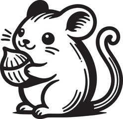 Adorable mouse holding nut in black and white illustration for children's book or logo design