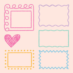 Colorful Hand-Drawn Frames, Heart, and Decorative Borders in Pastel Colors on Soft Background