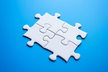 Obraz premium Four interlocking white puzzle pieces form a cohesive unit against a vibrant blue background symbolizing connection and problem solving