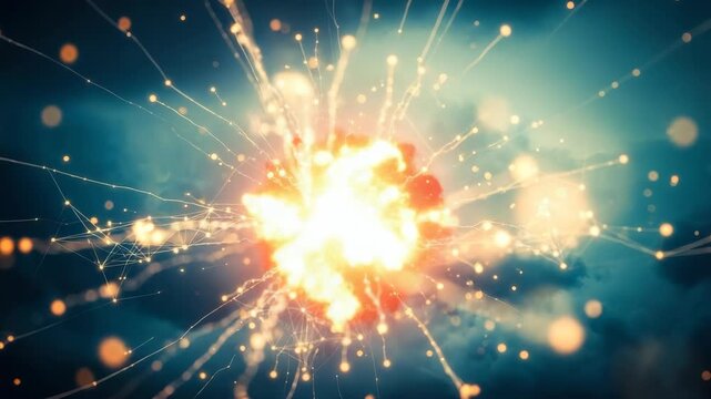 A vibrant explosion of light and energy bursts through a dark cloudy sky creating a dramatic contrast perfect for illustrating concepts of power creativity or transformation