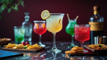 Colorful cocktails on a bar with snacks, set against a dark background.