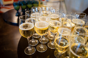 Elegant Toast A Beautiful CloseUp of Champagne Glasses Perfectly Arranged and Ready for a Joyous Celebration, Exuding Sophistication and Luxury, Ideal for Any Festive Occasion or Event