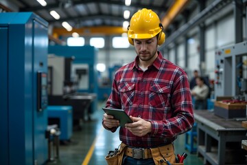 Worker in plaid shirt and helmet using tablet in industrial workshop during daytime