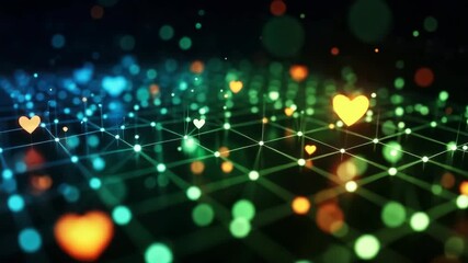 A vibrant digital landscape featuring glowing hearts and colorful particles creating a lively atmosphere of connection and positivity ideal for technology and love-themed projects - Powered by Adobe