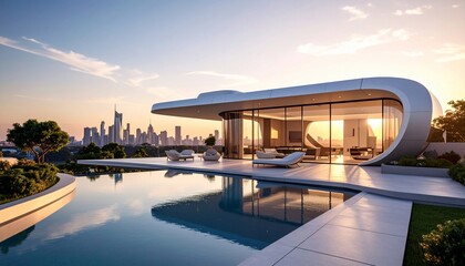 Naklejka premium Luxury Modern Penthouse with Infinity Pool and City Skyline View