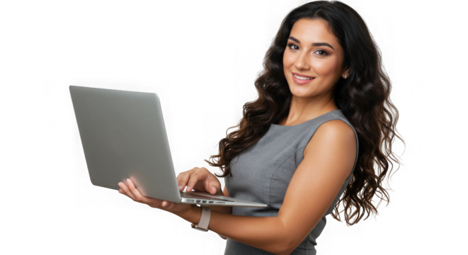 Smiling woman with long wavy hair holding a silver laptop and typing isolated on transparent background