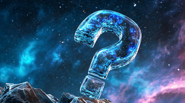 Cosmic Question Mark Symbol Floating Above Rocky Terrain Against a Nebula Background