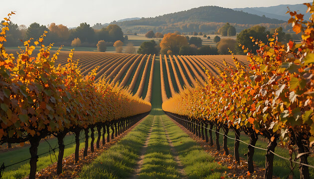 First Day of Fall A picturesque autumn vineyard landscape with rows of colorful vines stretching towards the horizon showcasing the beauty of the fall season in the countryside