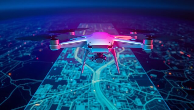 A white drone hovers above a digital map illuminated with neon blue and pink lighting effects