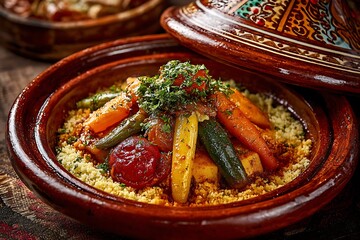 Authentic Moroccan tagine with vibrant vegetables and couscous in traditional ceramic pot for healthy Mediterranean diet promotion