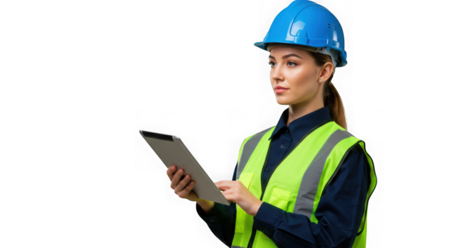 Female construction worker wearing a blue hard hat and yellow safety vest holding a tablet isolated on transparent background