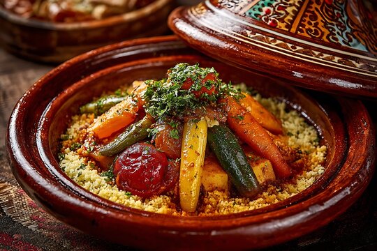 Authentic Moroccan tagine with vibrant vegetables and couscous in traditional ceramic pot for healthy Mediterranean diet promotion